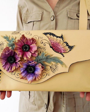 Geanta "Crossover" handmade unicat din piele naturala- Anemones