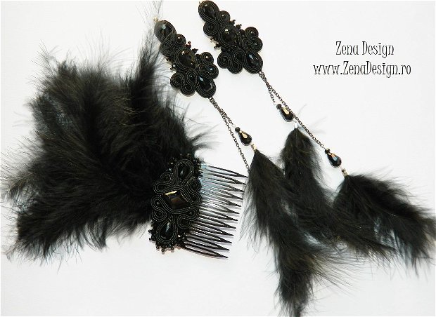 Cercei lungi negri şi pieptene de păr cu pene negre - Set bijuterii negre cu pene Great Gatsby style  bijuterii brodate cu cristale şi pene de marabu