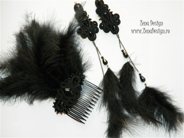 Cercei lungi negri şi pieptene de păr cu pene negre - Set bijuterii negre cu pene Great Gatsby style  bijuterii brodate cu cristale şi pene de marabu