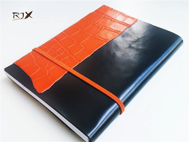 Jurnal piele (mare) - Jurnal de calatorie cu coperta din piele neagra si piele portocalie, texturata, respectiv inchidere cu snur si magnet