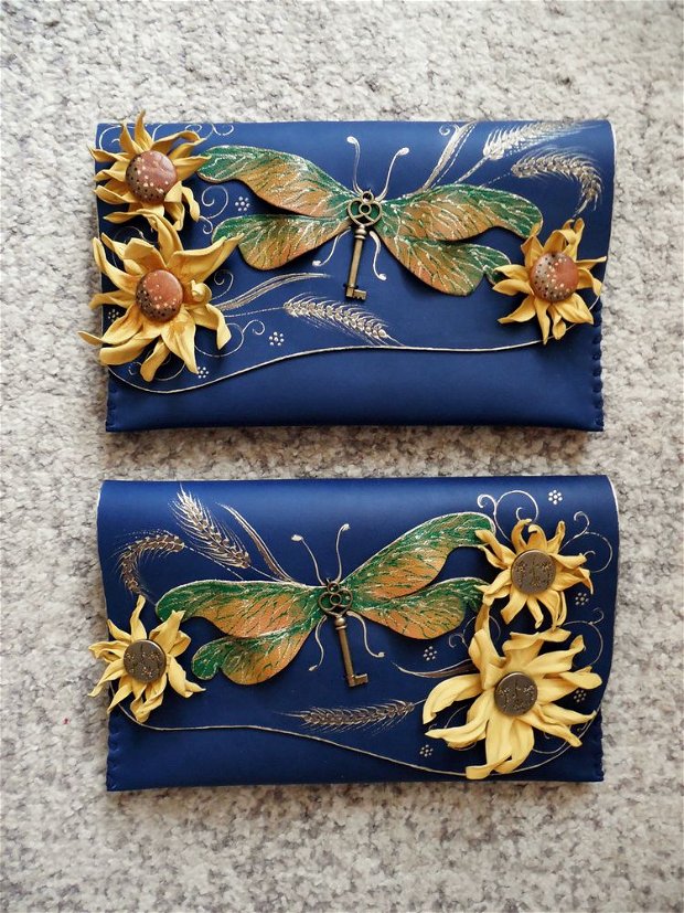 poseta plic handmade unicat din piele - Dragonfly and Sunflower#2