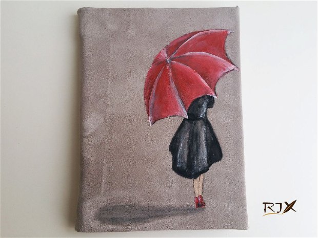 REZERVAT - Jurnal "Doamna cu umbrela rosie" - jurnal cu coperte tari imbracate in piele si pictate