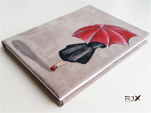 REZERVAT - Jurnal "Doamna cu umbrela rosie" - jurnal cu coperte tari imbracate in piele si pictate