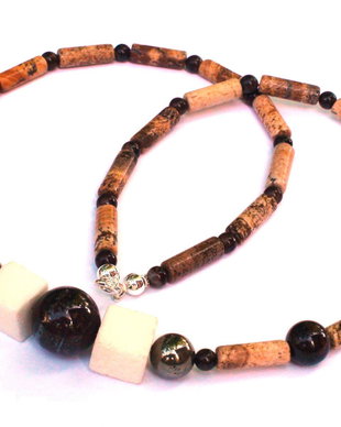 Colier barbati / unisex din Argint 925, Jasp picture crem maro, Bronzit maro auriu, Pirita auriu vintage si Coral alb - CO394 - Choker elegant, colier casual, colier barbatesc