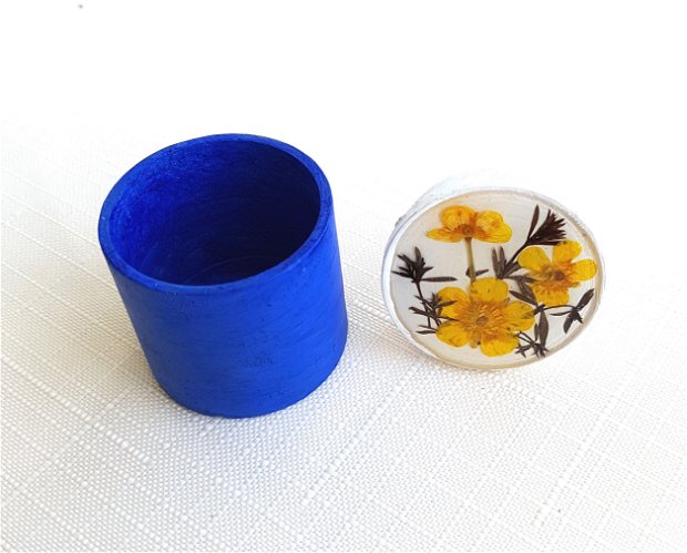 Cutie albastra cu flori presate, pentru bijuterii, Cutie inel de logodna