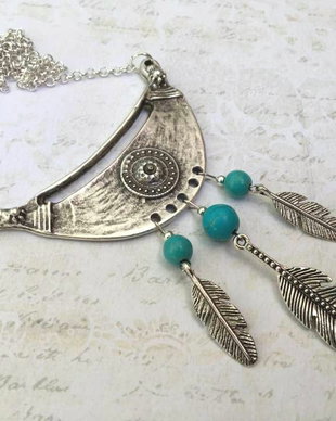 Colier tribal zamac argintat & turcoaz
