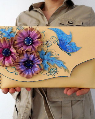 poseta plic handmade unicat din piele -Blu Anemone
