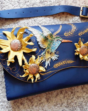 Geanta "Crossbody" handmade unicat -Hummingbird&Sunflower