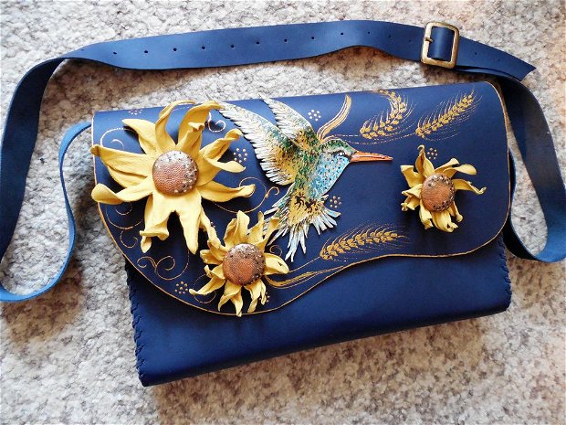 Geanta "Crossbody" handmade unicat -Hummingbird&Sunflower