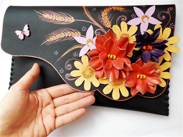 poseta plic handmade unicat din piele - Gipsy Flowers
