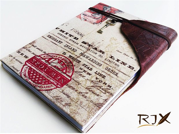 Jurnal "cheia" - jurnal cu coperte tari imbracate in bumbac cu imprimeu si piele texturata, aplicata ulterior