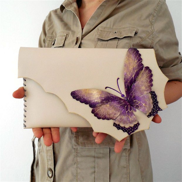 poseta plic handmade unicat din piele - Butterfly