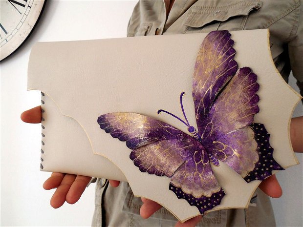 poseta plic handmade unicat din piele - Butterfly