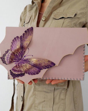 poseta plic handmade unicat din piele - Butterfly#2