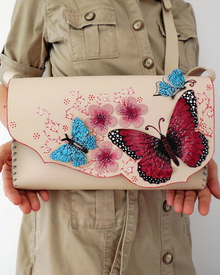 Geanta "Crossbody" handmade unicat- Cherry Blossom with Butterflies