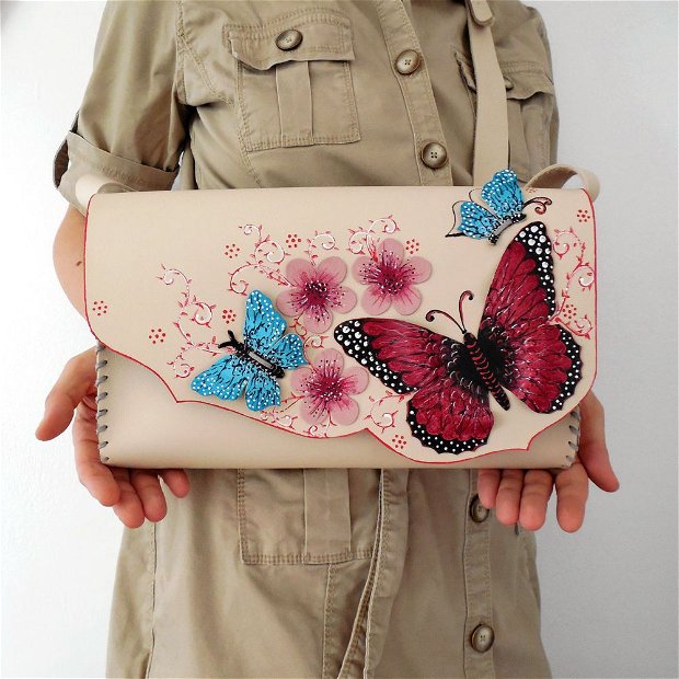 Geanta "Crossbody" handmade unicat- Cherry Blossom with Butterflies