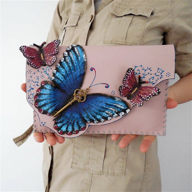 poseta plic handmade unicat din piele - A Handful of Butterflies