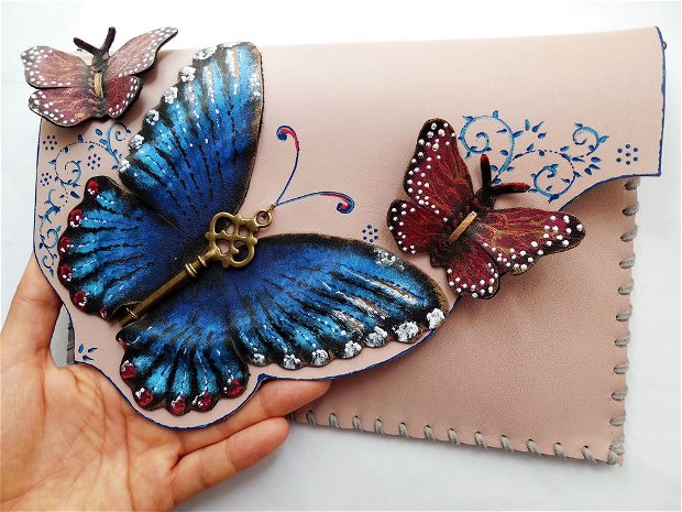 poseta plic handmade unicat din piele - A Handful of Butterflies
