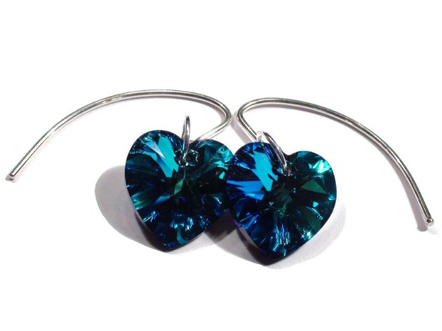 Cercei albastri stralucitori din Argint 925 si Cristale Swarovski inima - CE154.2 - cercei romantici, cercei cu inimioare