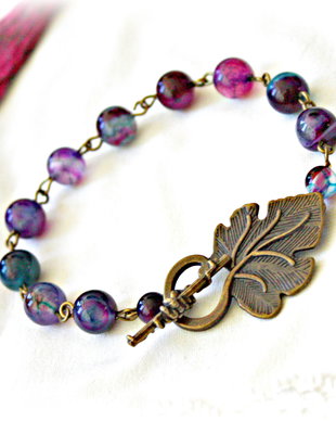 Bratara cu frunza si agate violet cu verde