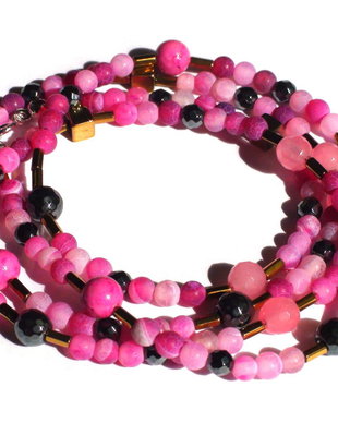 Bratara wrap multisir din Argint 925, Agate roz si Hematit gri auriu - BR423 - bratara vesela multisir, cadou romantic pentru ea, colier lung delicat