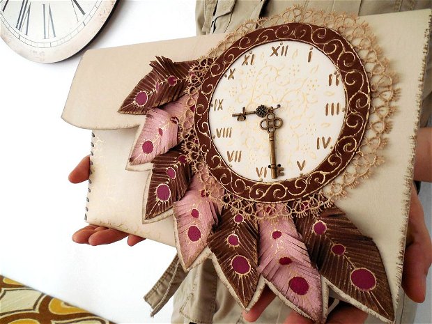 Poseta plic handmade unicat din piele naturala -Victorian Dream Clock#2-
