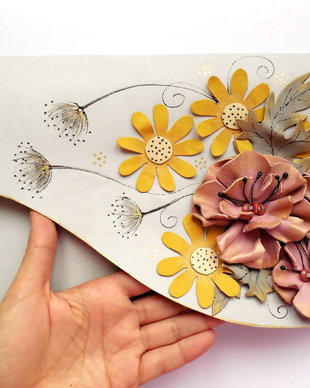 Poseta plic handmade unicat din piele naturala - Bohemian Flower Bouquet