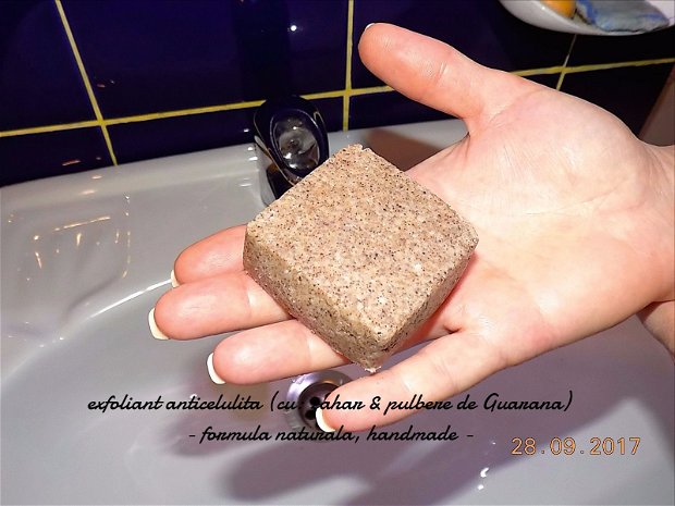 Exfoliant solid - anticelulita (cu: zahar & pulbere de Guarana), formula naturala, handmade, proprie