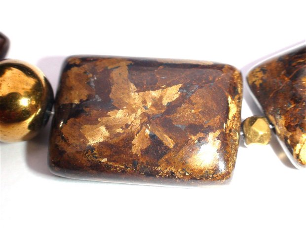 Colier geometric din Argint 925, Bronzit maro auriu si Hematit auriu - CO424 - colier pietre semipretioase, cadou elegant pentru sotie