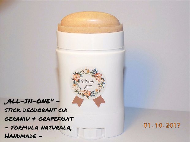,,ALL-IN-ONE'' - stick deodorant cu: argila roz, alba, Grapefruit & Geraniu - 55 gr.