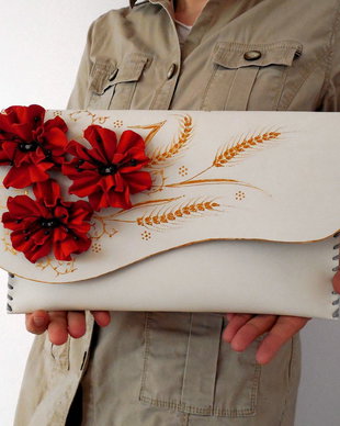 poseta plic handmade unicat din piele - Red Poppies 2.0
