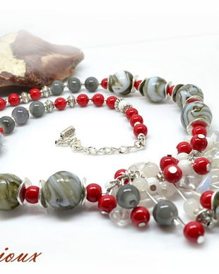 Set -Colier si cercei -gri/rosu cu margele lampwork si jad