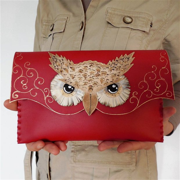 poseta plic handmade unicat din piele - Red Vintage Owl