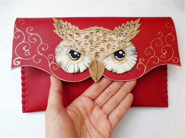 poseta plic handmade unicat din piele - Red Vintage Owl