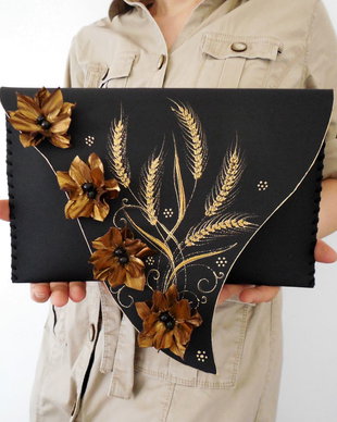 poseta plic handmade unicat din piele naturala - Toamna spicelor