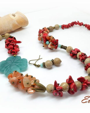 Set colier si cercei-floare jad turcoaz
