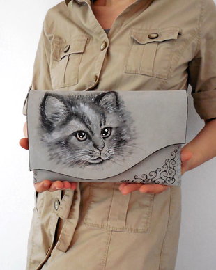 poseta plic handmade unicat din piele -Kittycat