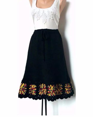 Fusta Colorata Etno Crosetata Tricotata Boho Midi Fusta Neagra