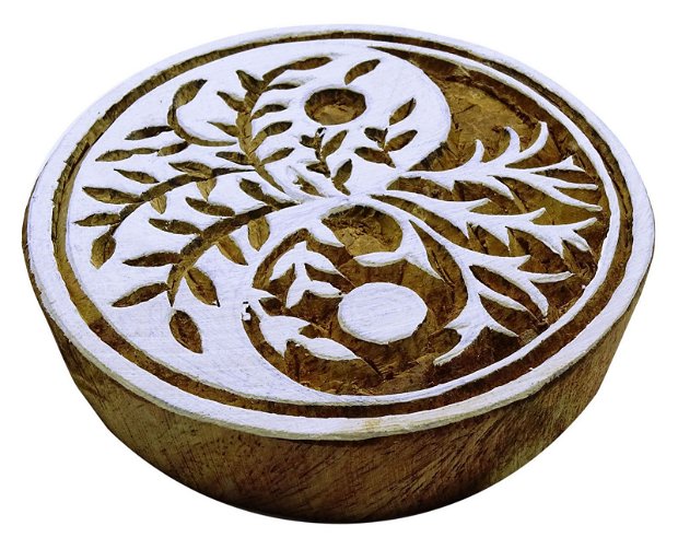 9869 - Stampila lemn trandafir, model yin-yang, frunze, 100x100x35mm