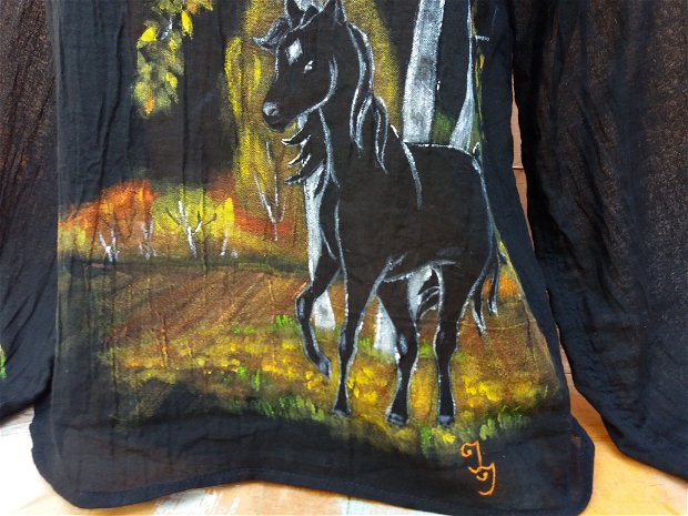Bluză neagră pictată cu  cåluț īn peisaj de toamnă  cu căluț