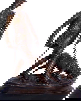 VANATOR CU CAINE- STATUETA DIN BRONZ PE SOCLU DIN MARMURA