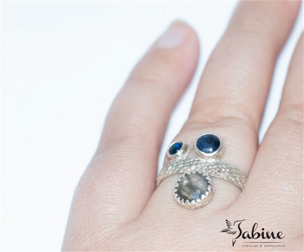Inel din argint cu kianit, lapis lazuli si turmalina gri, inel geometric, inel cercuri, cercuri, cerculete