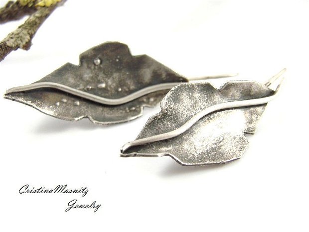 Cercei lungi, frunza, din argint 925 reticulat si partial oxidat