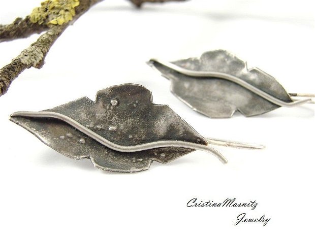 Cercei lungi, frunza, din argint 925 reticulat si partial oxidat