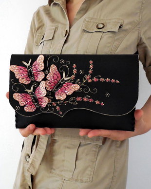 poseta plic handmade unicat din piele - Fuchsia Butterflies