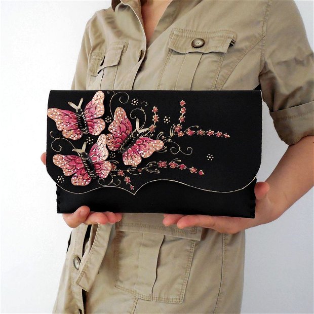 poseta plic handmade unicat din piele - Fuchsia Butterflies