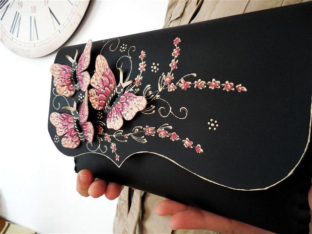 poseta plic handmade unicat din piele - Fuchsia Butterflies