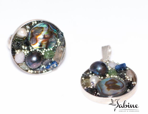 Set inel si pandantiv din argint 925 cu mozaic de abalone, beril,perla de cultura si cristale