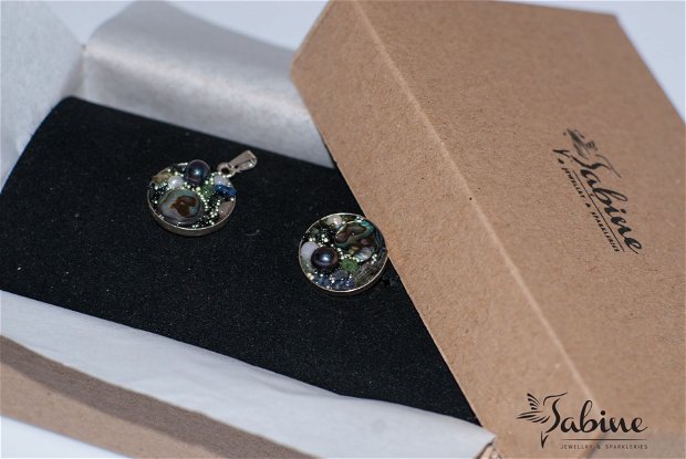 Set inel si pandantiv din argint 925 cu mozaic de abalone, beril,perla de cultura si cristale