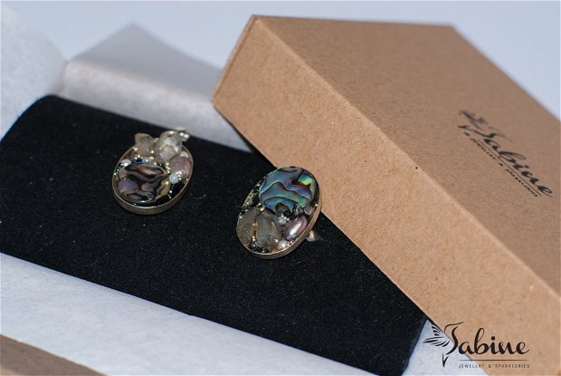 Set inel si pandantiv din argint 925 cu mozaic de abalone, diamante de Maramures, opal, beril,perla de cultura si cristale